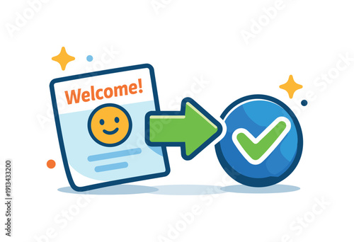 Digital onboarding and smooth first-time user experience emphasizing clarity and ease, a welcome screen icon paired with a guiding arrow and a checkmark as a metaphor for simple
