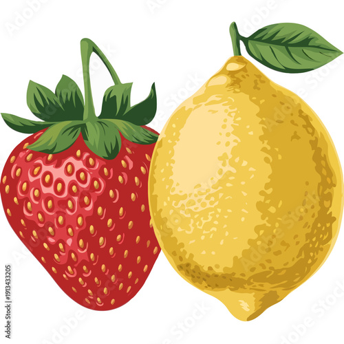 Fresh strawberries and lemons displayed with green leaves on a white background isolated on white background, Vector, illustration