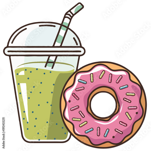 A refreshing drink and a delicious doughnut on a sunny day isolated on white background, Vector, illustration