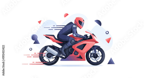 Motorcyclist wearing helmet riding a fast red sportbike with motion blur effect