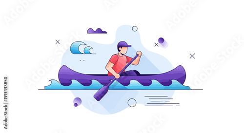 Man paddling a canoe on the water with waves and clouds in the background