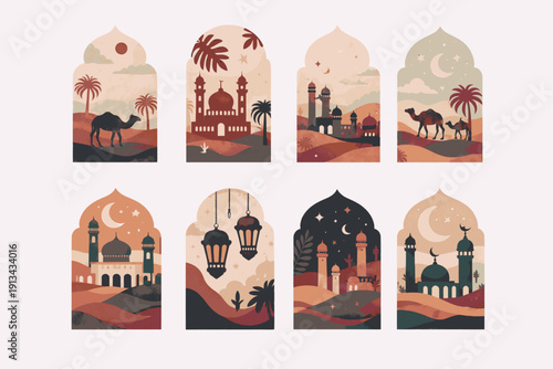 Ramadan arch windows. Arabic architectural elements with city landscapes. Sun at sky. Muslim culture and traditions items. Desert camel. Arabian bazaar. Garish vector set brown Oriental scenes.