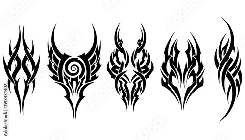 Collection of five stylized tribal tattoo designs featuring sharp angular lines and symmetrical patterns in black ink art abstract graphic modern edgy aggressive bold creative