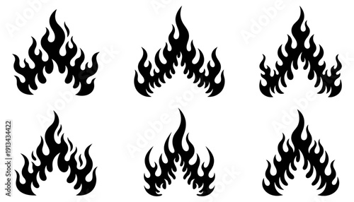 Six stylized black flame graphics arranged in two rows of three representing abstract fire elements with a bold graphic style icon symbol heat energy power danger ignition