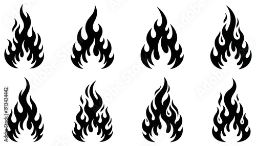 Collection of stylized black flame shapes with varying degrees of intensity and form arranged in two rows Flames feature jagged edges and dynamic curves typical of stylized representations