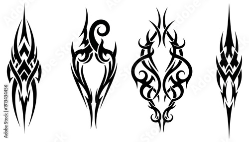 A collection of four distinct black tribal tattoo designs featuring intricate patterns and sharp pointed elements arranged in a row black ink graphic element artwork body art