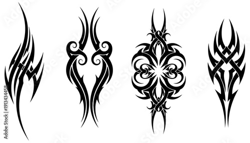 A collection of four distinct black tribal tattoo designs with sharp flowing lines and intricate patterns black tattoo graphic art illustration ink body art symbol abstract