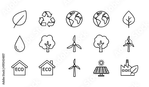 Ecological and environmental outline icon set vector eco nature symbols isolated on transparent background
