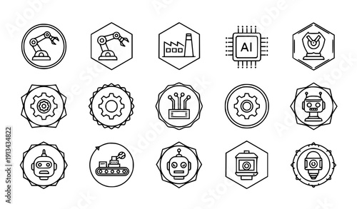 Robotics automation badge icon set vector industrial technology symbols isolated on transparent background