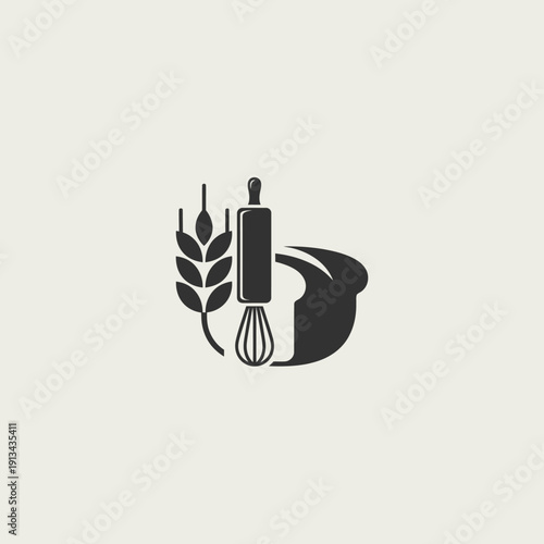 Bakery icons wheat rolling pin and bread slice.