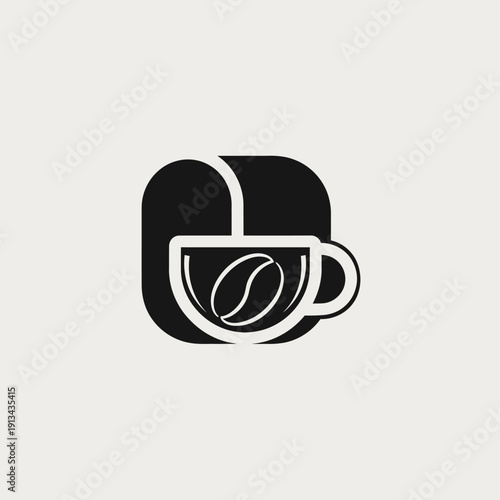 Modern minimalist logo design of a coffee cup with bean.