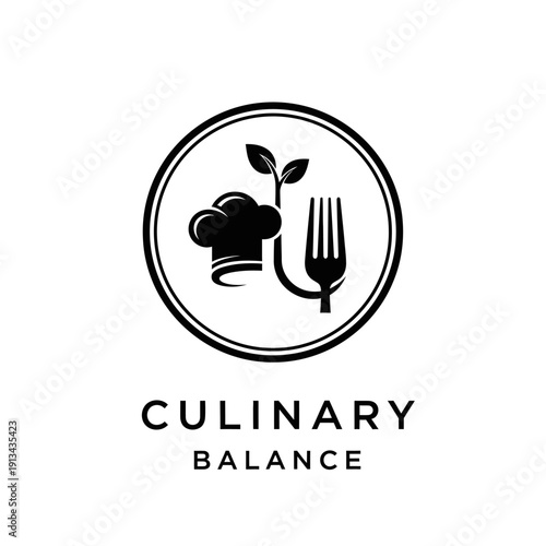 Culinary Balance Logo with Chef Hat Fork and Plant Symbol.