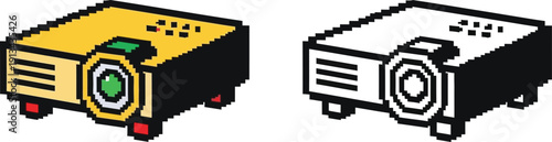 Two pixel art style illustrations of a video projector, one in vibrant yellow and black, and the other as a monochrome outline, depicting a classic electronic display device.