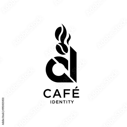 Modern Cafe Identity Logo Design with Coffee Beans and Steam.