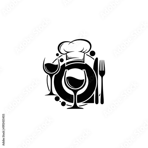 Chef Hat Wine Glasses and Cutlery Restaurant Icon.