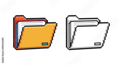 Pixel art illustration of two folder icons, one in full color and one as a monochrome outline, representing digital file organization.