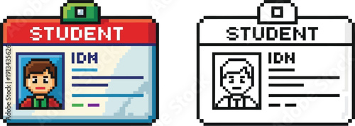 Pixel art student ID card with a boy's picture, presented in both color and outline versions, featuring 'STUDENT' and 'IDN' text.