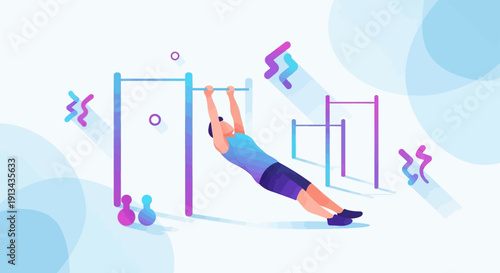 Man Doing Pull-ups Exercise on Bars with Fun Abstract Decorations and Weights
