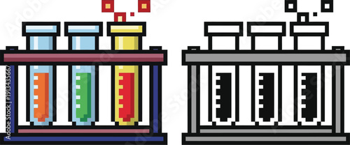 Pixel art illustration of colorful and grayscale test tubes in racks, depicting chemical reactions or experiments.