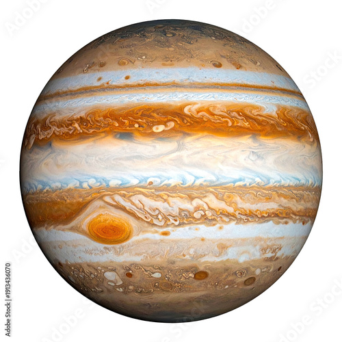 Large gas planet with swirling orange, tan, and blue bands in space against a black sky