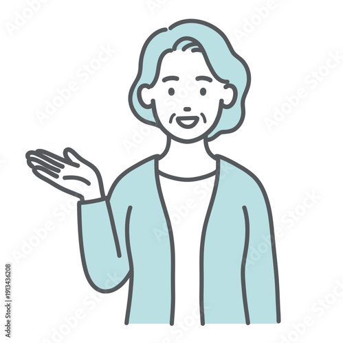 案内・紹介をする高齢女性のイラスト（手のひらを上に向ける・上半身）