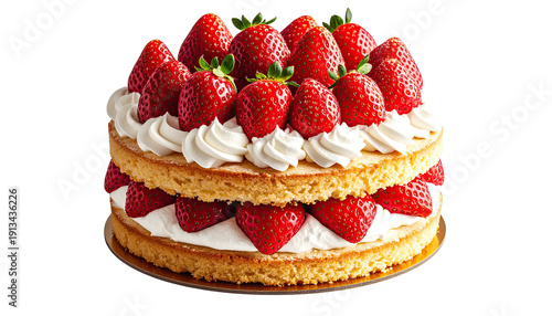 Layered cake, topped with strawberries and whipped cream, sits on a black background