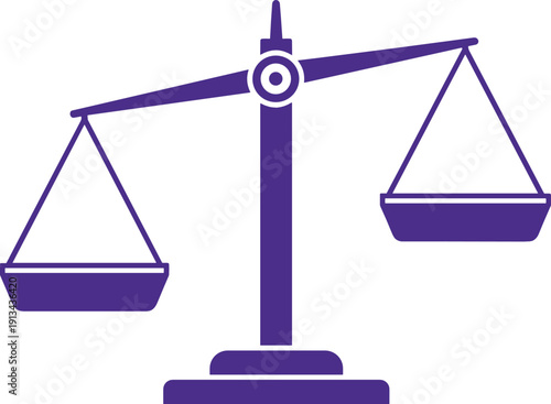 Justice balance scale vector icon in purple representing law, fairness, equality, and legal system concepts in flat style