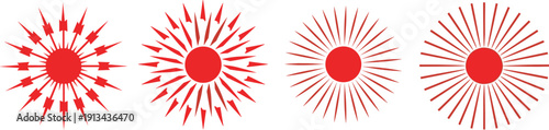Red sunburst and radial burst vector icon set with circular rays for decorative, retro, and highlight design elements