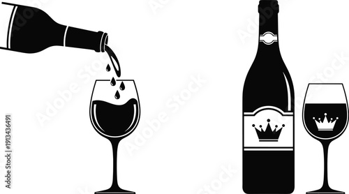 Wine bottle and glass silhouette vector set with pouring red wine illustration for bar, restaurant, and beverage concepts