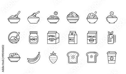 Breakfast oatmeal and cereal outline icon set vector editable stroke 64x64 isolated on transparent background