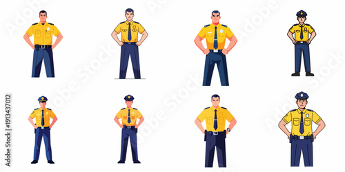 Vector set of various male police officers or security guards standing in uniform with hands on hips, depicting different expressions and styles.