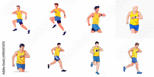 Set of running man illustrations tracking fitness progress with smart wearable devices, demonstrating various jogging and workout poses.