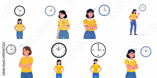 Collection of angry women illustrations reacting to clocks, symbolizing time pressure, lateness, and waiting frustration.