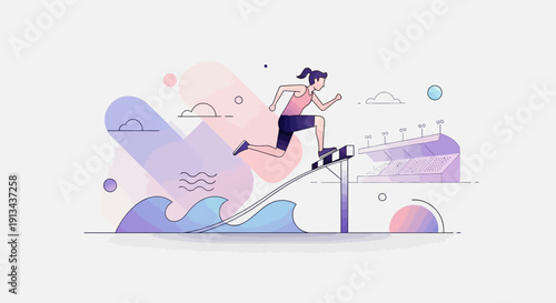 Woman jumping over hurdles in a race at a stadium with waves and abstract shapes
