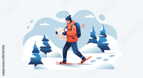 Man with Backpack Navigating Through Snowy Forest with a Map Illustration