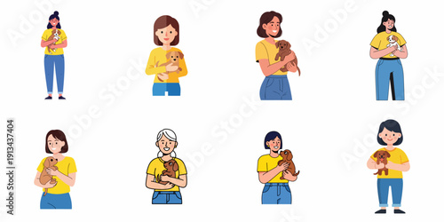 Collection of diverse women happily holding and embracing cute puppies, illustrating pet ownership and affection in a flat vector style.