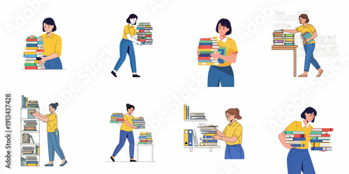 Women Carrying and Organizing Stacks of Books Set. Education, Library, and Research Concept Illustrations for Learning and Study Overload.