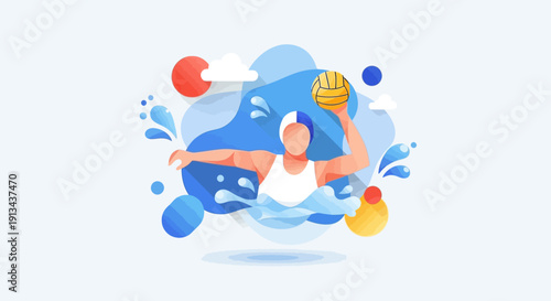 Water Polo Player in Action Illustration with Water Splashes and Abstract Shapes