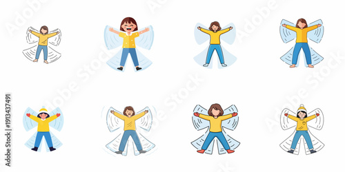 Eight illustrations of girls happily making snow angels during winter recreation and outdoor play.
