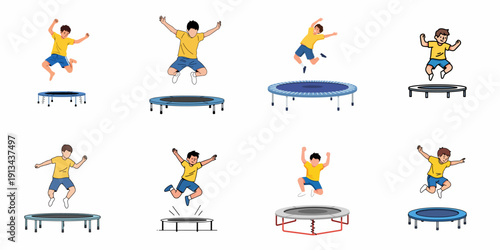Happy boy jumping high on a collection of trampolines, demonstrating childhood fun, energetic play, and recreational sports activity vector set.