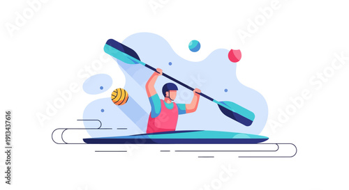 Person paddling a kayak on the water with an oar, illustration and graphics