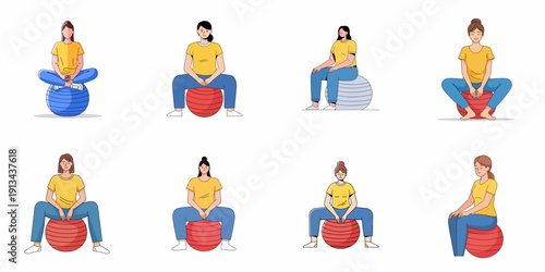 Women exercising on stability balls set. Vector illustrations showing various poses for fitness, balance, yoga, relaxation, and physical therapy.