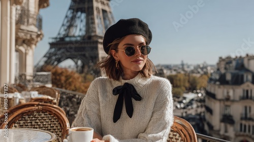 Woman enjoying coffee on balcony with eiffel tower view, copy space