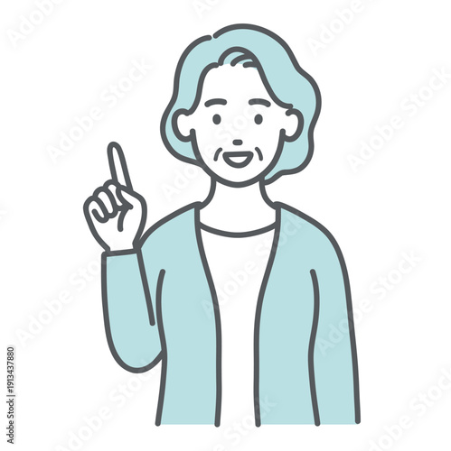 ポイントを説明する・指差しする高齢女性のイラスト（人差し指を立てる・上半身）