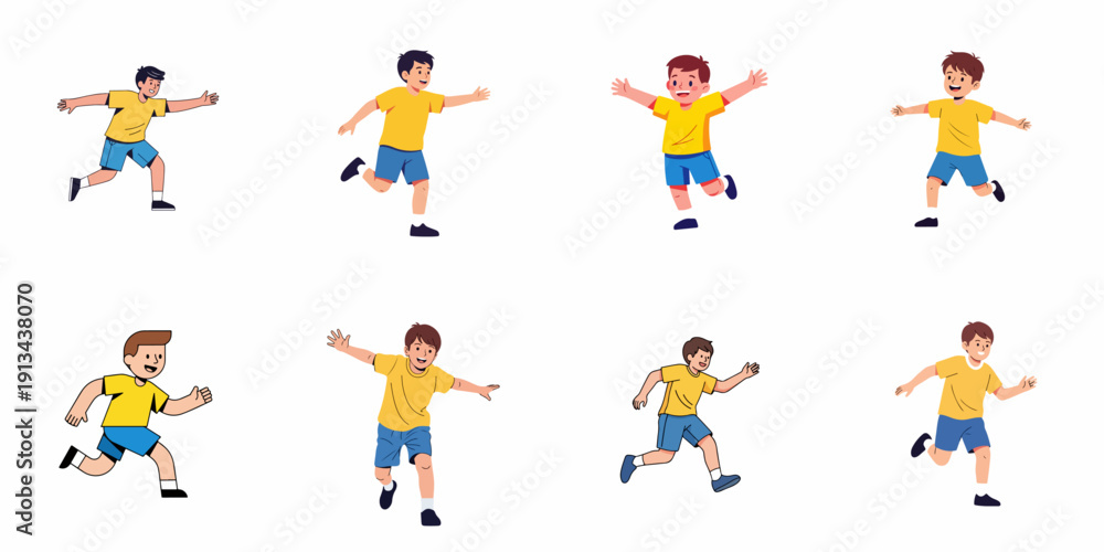 Fototapeta premium Vector illustrations set of running boys in various dynamic poses, depicting active childhood and freedom of movement.