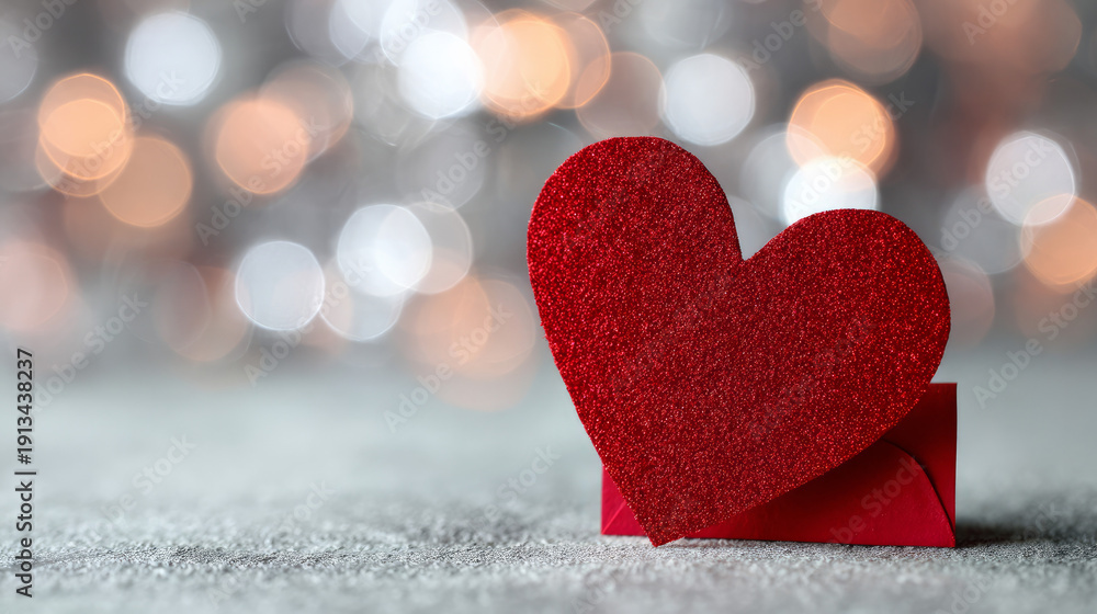 Fototapeta premium Red Heart Valentine’s Day Greeting Card with Bokeh Background