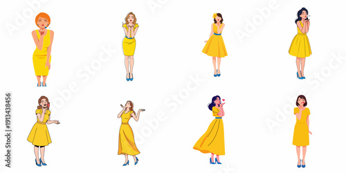 A set of eight charming cartoon women in stylish yellow dresses and blue heels, expressing affection and joy through various poses like blowing kisses.