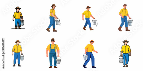Set of vector cartoon illustrations depicting male farmers or ranch workers carrying a bucket of milk or water, representing agriculture and rural labor.