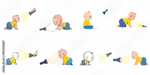 A series of illustrations showing a curious baby interacting with a flashlight, exploring light and shadows during developmental stages.