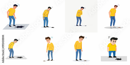 Set of illustrations showing an angry man looking down at various oil or dirty spills on the floor, expressing frustration and disgust.